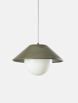 Akoya 14" pendant lamp in Army Green by Rich Brilliant Willing, $635 richbrilliantwilling.com

Akoya's perforated shade shell reveals a glass pearl bulb that emits a warm LED glow.