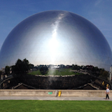 "La Geode, a reflective geodesic dome in the Parc de la Villette."