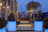 At night, glowing planters illuminate the outdoor space, guiding guests along the walkway.