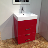 "Red vanity from Canadian company Cutler Kitchen and Bath."