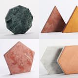 Stone and marble trivets in geometric shapes (with leather backing to prevent slippage) by Fort Standard. We fancy the nonagon and cool white marble versions. $88 each from AmDC.