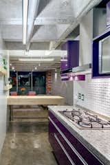 Synthetic, organic, and industrial materials coexist in the kitchen. The cabinets are finished in aubergine-purple polyester, the breakfast bench is made of an upcycled timber beam, and the range hood is steel.