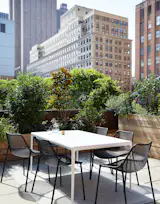 The Bonnéns have planters on each of their three terraces, which provide them with tomatoes, herbs, and more. Their outdoor dining area includes a Porcelain table by Richard Schultz for Knoll, Round chairs by Christophe Pillet for Emu, and a wool Ply rug by Margrethe Odgaard for Muuto.