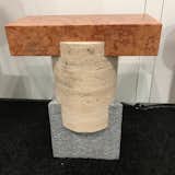 A Tuscan Stool made in Italy by Oevffice for Matter, handcrafted from three different stones: Rosso Verona Marble, Roman Travertine, and Luzerna stone.&nbsp;