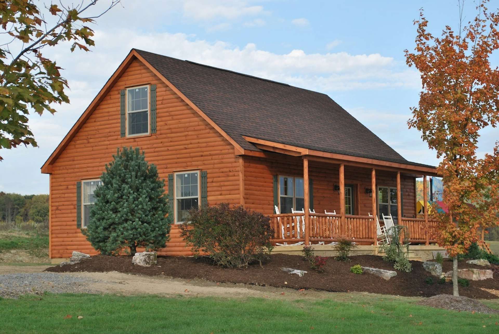 Shawnee Structures offers prefabricated log homes with pine interiors and T&G pine floors.