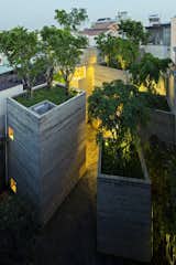 Outdoor, Landscape Lighting, Rooftop, Grass, and Trees The oasis-like abode stands out amongst the neighboring buildings.  Search “landscapes--trees” from A Concrete Home in Vietnam Is Topped With Trees