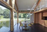 The interiors feature larch glulam beams accented by Douglas fir plywood paneling.