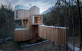 The exterior is vertically clad in timber to complement the spiraling design and surrounding red cedar trees. 