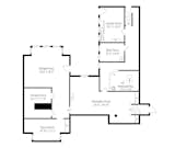 A floor plan of the basement. Additional storage and a large recreation room provide additional space within the home.