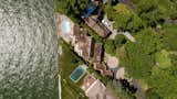 An aerial view of the lakefront home.
