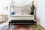 Bedroom, Bed, Bench, Ceiling, Chair, Rug, and Light Hardwood Ptalis with her husband and daughter. The young family chose an organic Avocado Mattress for their master bedroom and guest bedrooms.  Bedroom Chair Bench Light Hardwood Photos from A Young Couple Revamp Adam Levine’s Childhood Home