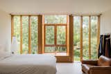 One of two bedrooms on the first level, the master bedroom sits at the back of the addition. A series of vertical window panes run from floor-to-ceiling and across the entire space, framing views of the treetops and looking out over the lush backyard.