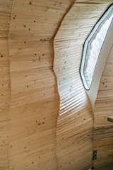 A closer look at the home’s interior, which is clad in overlapping slats of silver birch.