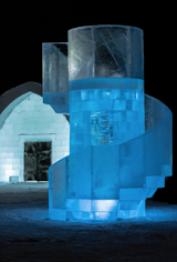 Designed by Jens Thoms Ivarsson and Mats Nilsson, the blocky sculpture outside of Icehotel #30 echoes brutalist architecture.