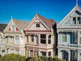 A closer look at the facade of 714 Steiner, pictured here in the middle. The term "Painted Ladies" was first coined by Elizabeth Pomada and Michael Larsen in their 1978 book Painted Ladies: San Francisco's Resplendent Victorians. The phrase is now commonly used to describe polychromatic Victorian or Edwardian homes in other American cities.