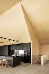 Black kitchen cabinetry and appliances reinforce the interior's contrasting color palette. The double-height space also emphasizes the structure's A-frame design with soaring ceilings.