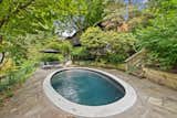 The saltwater pool and surrounding patio are nestled into a hidden corner of the lot.