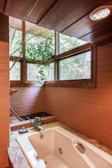 A closer view of the tub shows a live tree growing in the double-height corner.