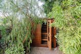 A freestanding infrared sauna sits tucked away under towering trees, creating a peaceful oasis.