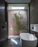 The soaking tub overlooks an exterior rock garden that is illuminated by a light well.