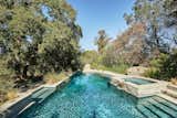The backyard includes a long, sparkling pool with an adjacent guesthouse and spa.