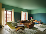 For a modern take on Scandinavian style, Farrow &amp; Ball’s Mere Green is paired with Arsenic on the ceiling.