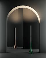 Croma, a slender floor lamp designed by Luca Nichetto and manufactured by Lodes, debuted at Supersalone in green and bronze colorways.
