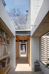 A narrow corridor connects the three volumes, with shelving for Edna’s books and art collection and large picture windows overlooking the patios.  Photo 8 of 10 in A Mexico City Artist’s Home and Studio Frames Open Spaces With Sculptural Forms