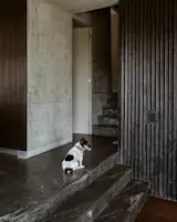 The floors provide a comfortable place for the family dog, Messi, to sit.