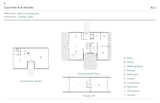 The roofs of both A-frames slope all the way down to the ground, requiring the utilities to be moved slightly away from the pitched walls. The home is unique in that its living area is split across the plan, making room for a kitchen in the double-height space.