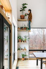 Women on ladder watering potted plants stacked on shelving in dining room with views of a forest. 