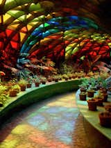 The park includes a greenhouse with a tile-lined passageway that leads to a massive atrium with a stained glass ceiling.