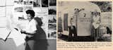 Portrait of Helen Byam Shwambora working as secretary in the office of the Caravaner, a publication run by and dedicated to Airstream, and black-and-white photo of Helen standing by her son, "Pee-Wee" outside an Airstream 