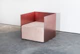 Pink metallic boxy sofa chair upholstered in velvet by Harry Nuriev.