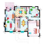 The Simpsons home’s ground-level floor plan, pieced together by Lizarralde, depicts the rarely seen rumpus room to the right of the kitchen, which has signature yellow-checkered floor tiles.