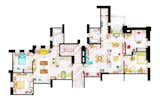 A detailed floor plan by Lizarralde shows the central Friends apartment shared by Monica and Rachel at the beginning of the series (right) and Joey and Chandler’s unit just across the hall.