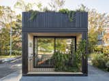 The planted living balcony in Cutwork’s modular prefab PolyRoom for Bouygues Immobilier with charred and blackened  Japanese shou sugi ban wood siding and a planted rooftop.