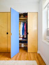 Closet with open wood door and blue laminate surface in Brooklyn apartment renovated by Spot Lab.