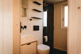 Interior bathroom of tiny home micro home LOVT in Germany with dark floors and dark, glass-enclosed shower booth, spruce walls, one-piece toilet, and white vessel sink.