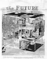 Advertisement showing a cutout section perspective of Aluminaire affordable housing prototype house by A. Lawrence Kocher and Albert Frey.
