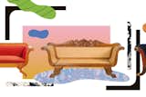 Illustration collage of ornate wood molding rattan sofa by Matheus Castro.