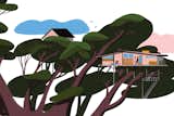 Illustration of miniature single-family home propped up on stilts in tree by Ryan Johnson.