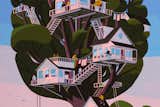Illustration of miniature single-family homes propped up on stilts in tree by Ryan Johnson.