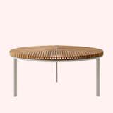 Open-Air Coffee Table Ø90 by Vipp with brown slatted wood top and three grey-white metal legs.