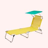 Amigo Outdoor Lounge Chair with Sun Shield with yellow fabric seat, aluminum frame, and green shade.
