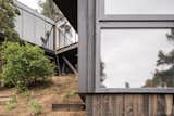 An exterior shot of a boxy two story glass and wood house in the woods.