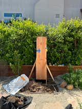 I had two levels on hand, so I taped them to the planks, adjusting the stakes to plumb the backstop before pouring concrete.