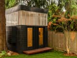 A detached work shed office clad in black shingles, clerestory polycarbonate panels, and blackened metal by Linework Architecture stands beside tall tree in backyard of home in Seattle, Washington.