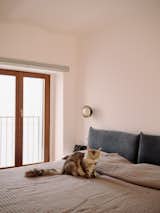 Cat sits on bed with grey coverlet and dark grey-blue pillows in bedroom with round black and brass wall sconce light, undulating ceiling, white walls, and dark-toned wood framed glass doors leading out onto balcony in a tiny seaside home for Massimo Ricci and Valentina Martinelli in Termoli, Italy, renovated by Rispoli Guerrera Architetti. 