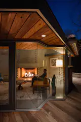 Cantilevered steel beams support the property’s unique shape.